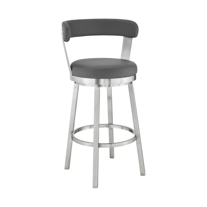 Kobe  Counter Height Swivel Bar Stool in Brushed Stainless Steel Finish and Gray Faux Leather