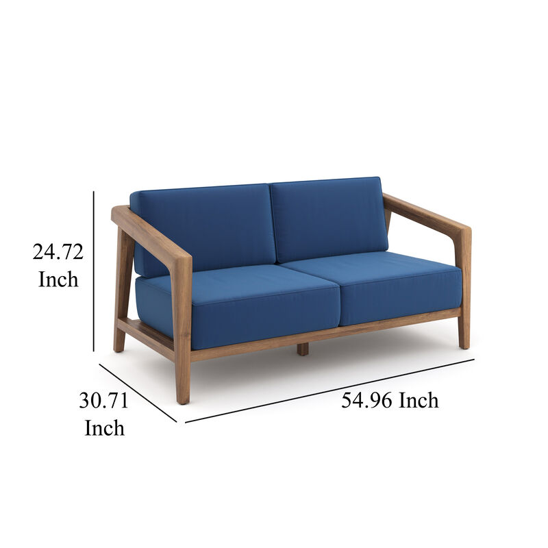 Nea Outdoor Loveseat, Dark Blue, Natural Brown Acacia Wood 55 Inch - Benzara