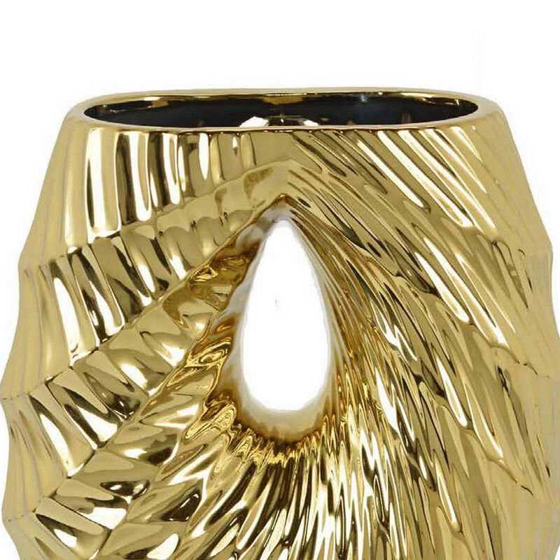Decorative Vase, 16 Inch U Shape Ceramic Body, Gold Geometric Pattern - Benzara