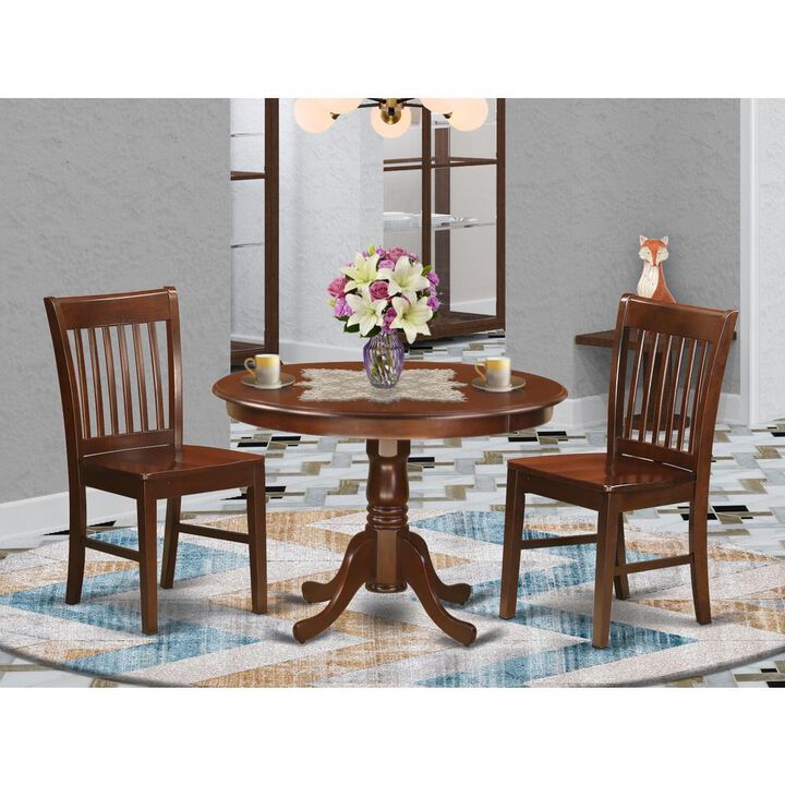 3 Pc set with a Round Kitchen Table and 2 Wood Dinette Chairs in Mahogany