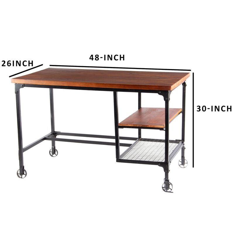 Industrial Style Wood and Metal Desk with Two Bottom Shelves, Brown and Black-Benzara