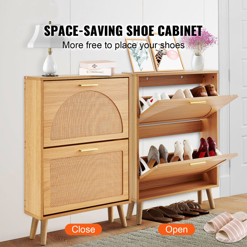 Shoe Cabinet with 2 Flip Rattan Drawers, Freestanding Storage for Entryway