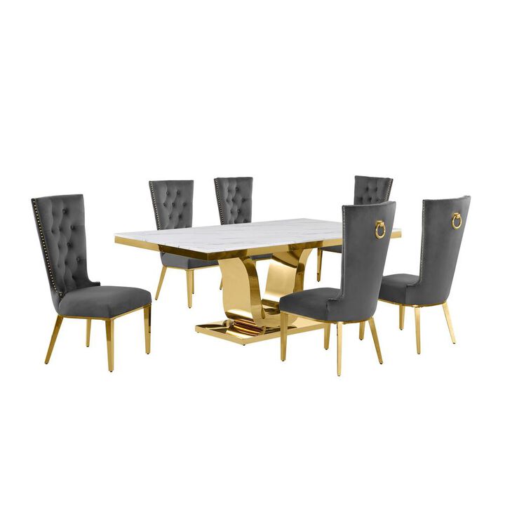 7pc Large(76") marble top dining set with gold base and 6 Dark grey side chairs
