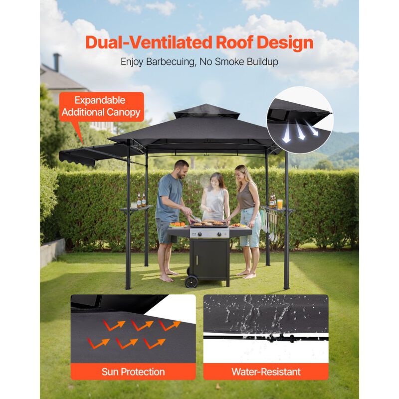 Outdoor BBQ Gazebo with Double-Tier Roof, Steel Grill Shelter, Side Shelves and Hanging Hooks-Dark Grey image number 5