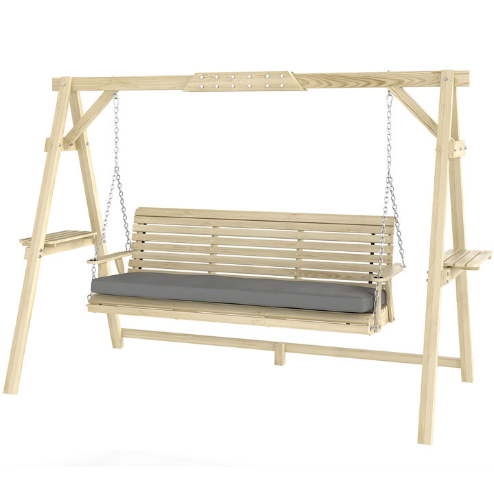 Hivvago 3-Seat Wooden Porch Swing with Stand & Cushion