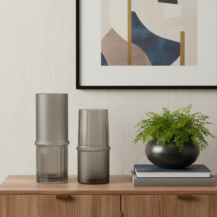 HomeRoots Set of Two Gray Glass Cylinder Table Vases