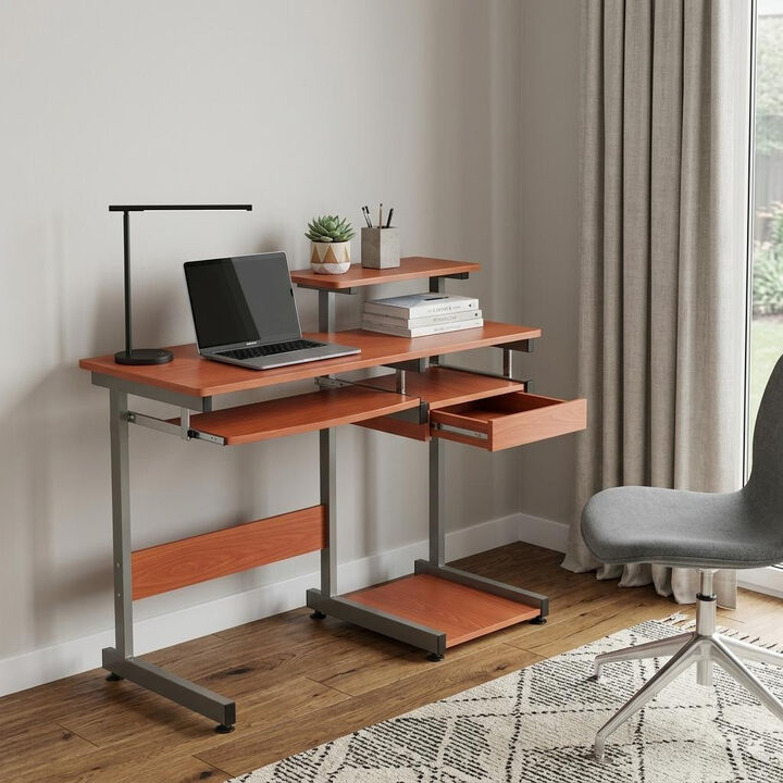 HomeRoots 38" Oak and Silver Wood and Steel Sled Computer Desk