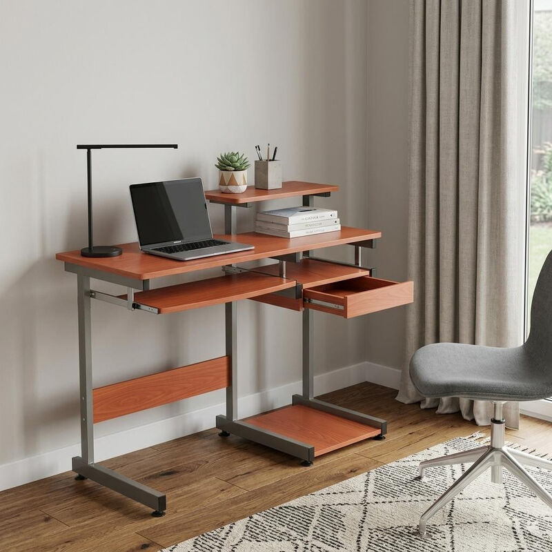 HomeRoots 38" Oak and Silver Wood and Steel Sled Computer Desk image number 1