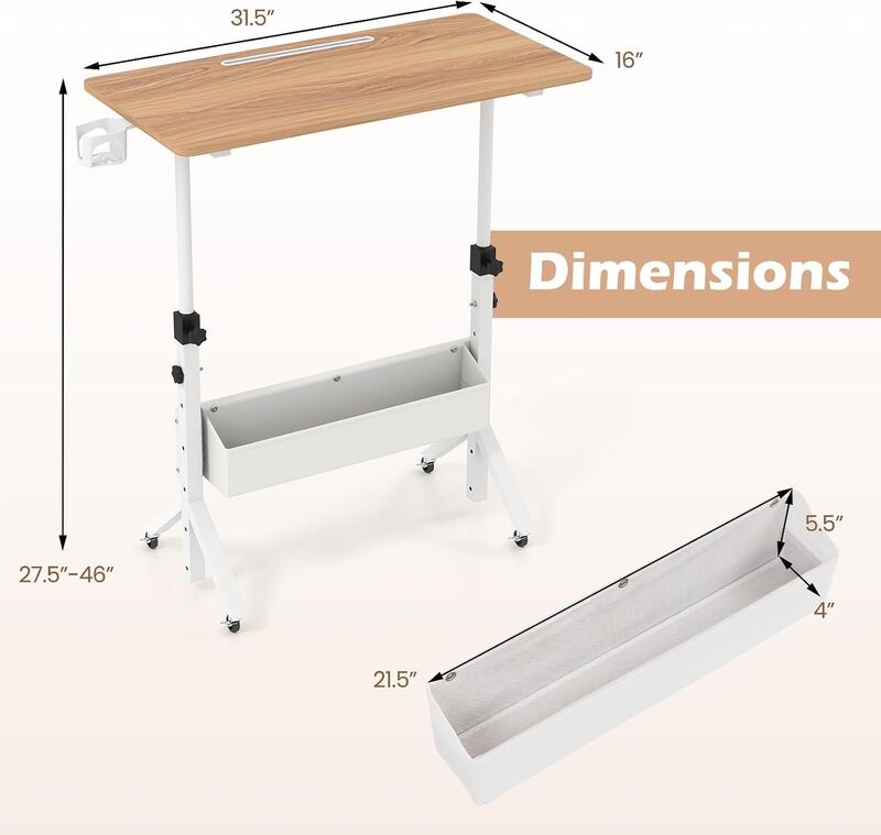 Mobile Rolling Standing Desk with Adjustable Height Cup Holder and Storage Basket image number 2
