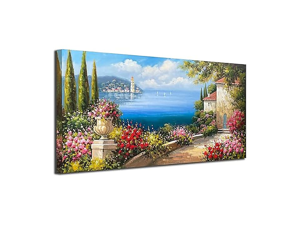 Landscape Wall Art Mediterranean Seascape Tree Pink Flower Blue Ocean Modern