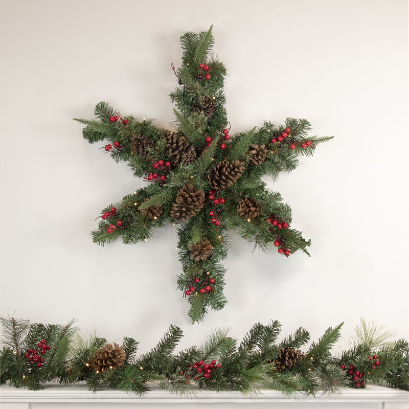 32" Pre-Lit Artificial Mixed Pine and Berries Christmas Snowflake Wreath image number 1
