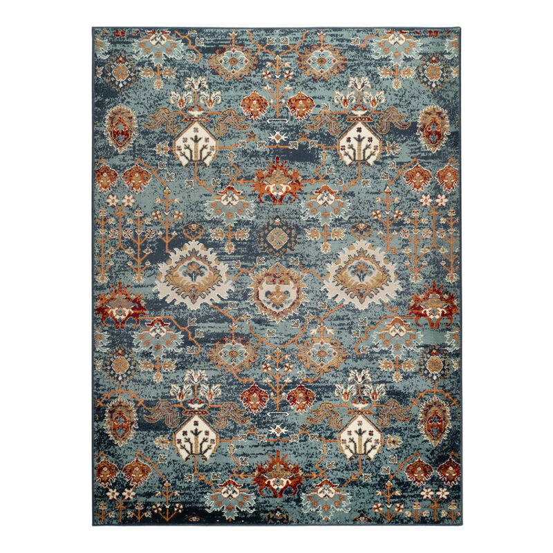 5 x 7 Teal Blue Oriental Power Loom Area Rug With Fringe
