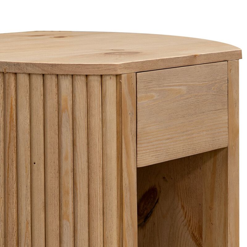 Izya 20 Inch Chairside End Table, Drawer, Intricate Ribbed Column, Brown