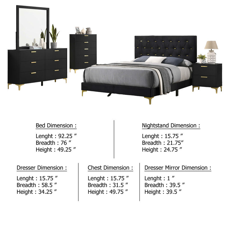 Dle 5pc California King Bedroom Set, Tufted Black Velvet, Modern Gold