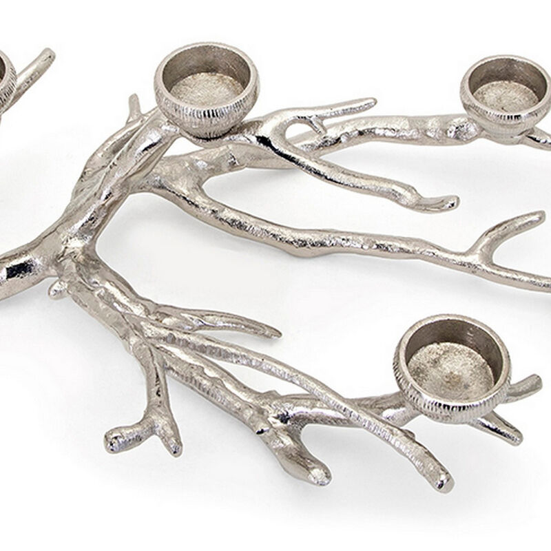 23 Inch Metal Tea Light Holder, Tree Branch Design, 4 Candle Slots, Silver - Benzara