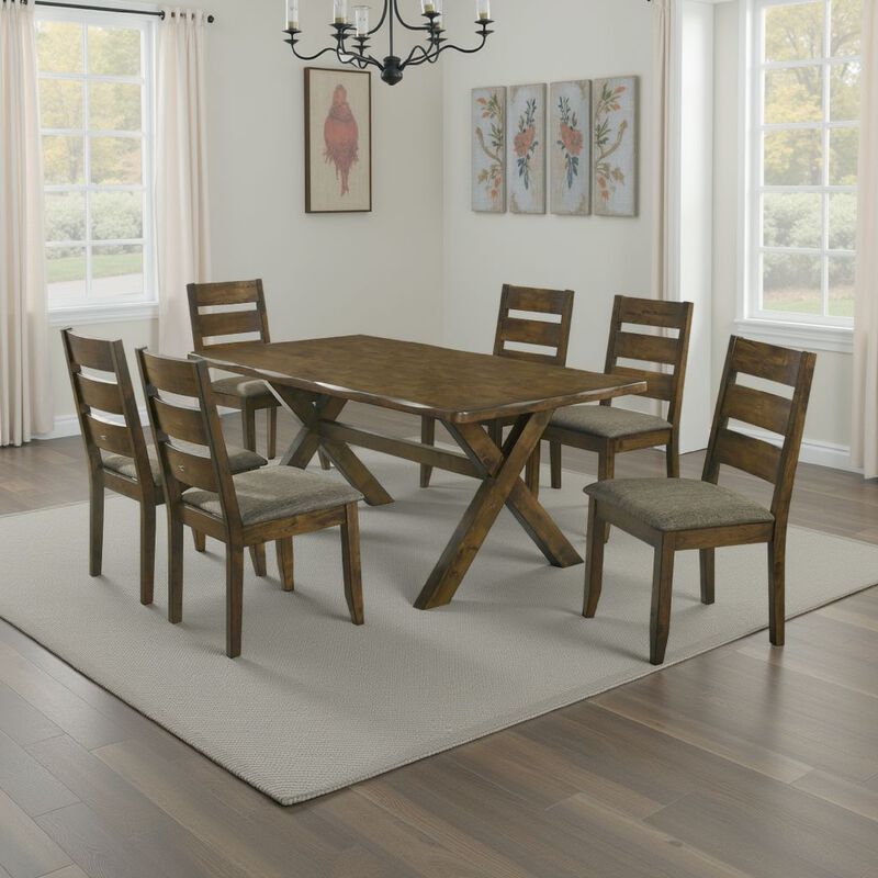Siny 7pc Dining Table Set, Nutmeg Brown Finish, 6 Padded Side Chairs - Benzara