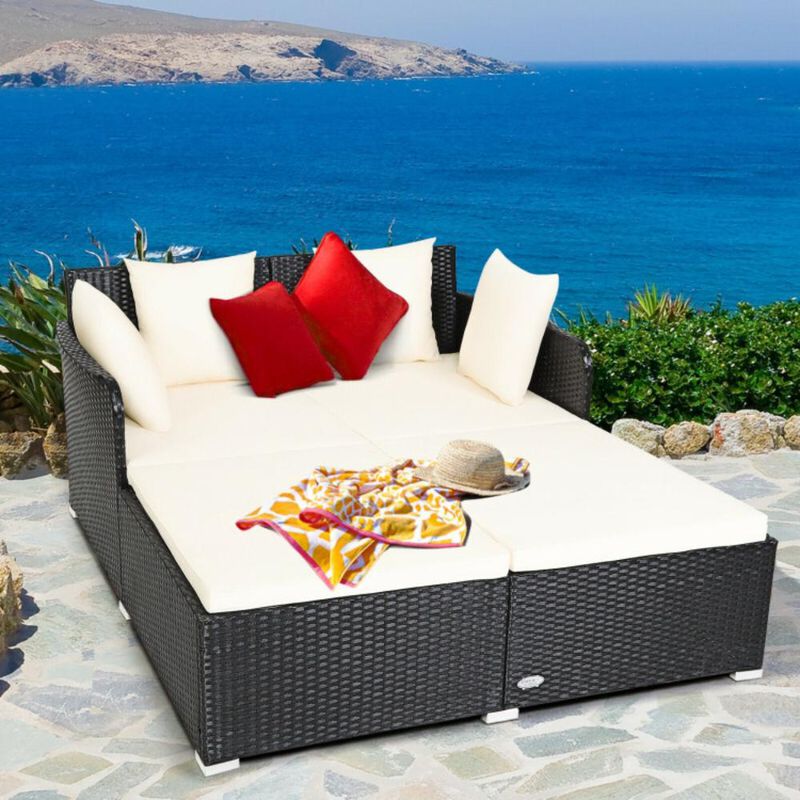Hivvago Spacious Outdoor Rattan Daybed with Upholstered Cushions and Pillows-Black