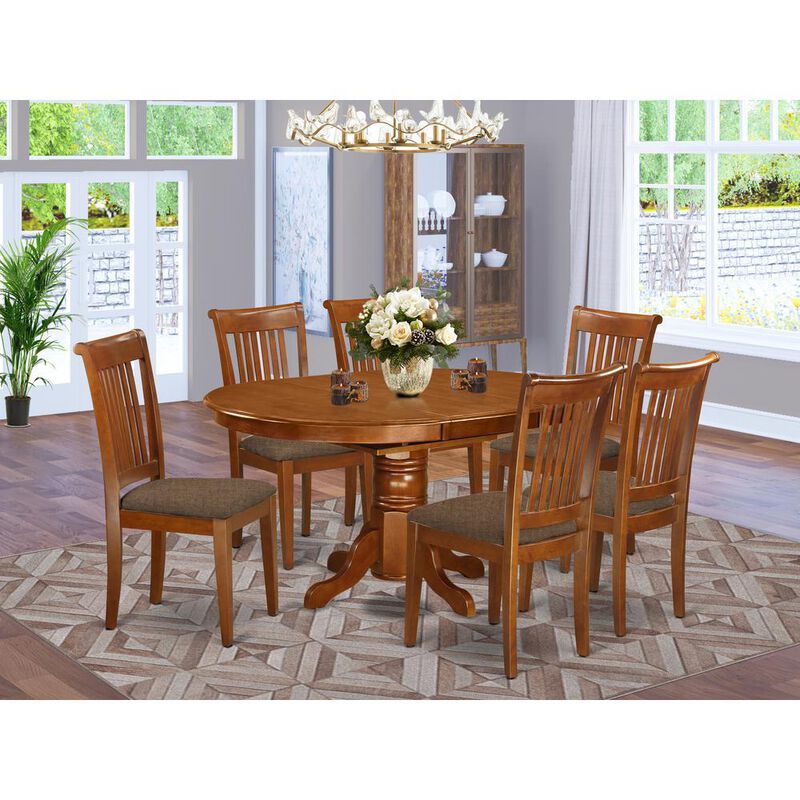 7 Pc set Avon Kitchen Table with Leaf and 6Fabric Dinette Chairs in Saddle Brown