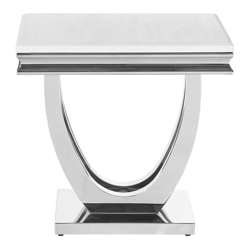 Kas 24 Inch Square End Table, White Stone Top, Polished Chrome Flush Base - Benzara