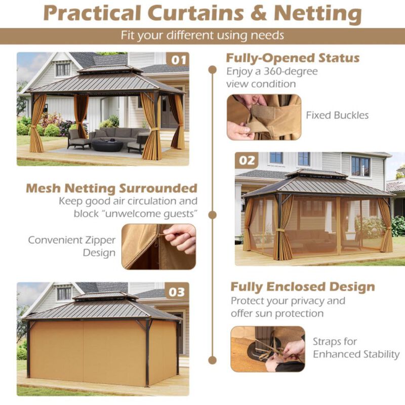 Hivvago 16 x 12 Feet Hardtop Gazebo Aluminum Frame Permanent Pavilion with Curtains and Netting image number 7
