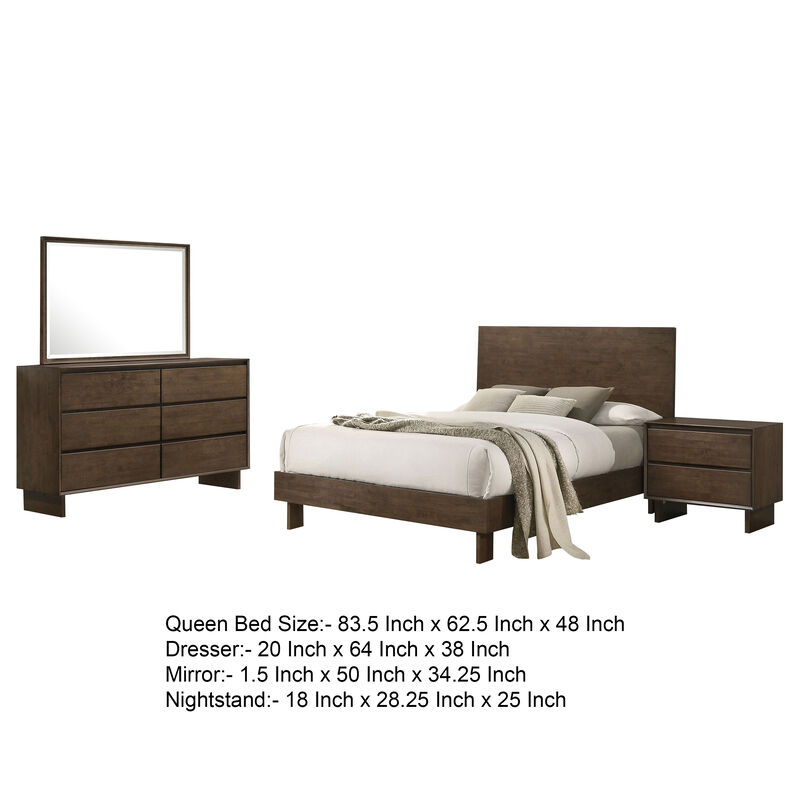 Genu 4pc Queen Size Bedroom Set, Modern Warm Brown Rubberwood