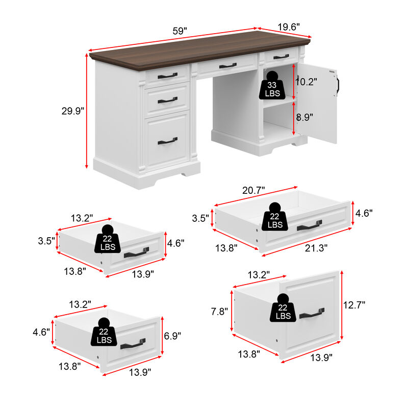 FUFU&GAGA Modern Office Desk with Five Drawers & Cabinet, White Frame & Deep Brown Wood Grain Top, Black Metal Handles, (59"W x 19.6"D x 29.9"H), White