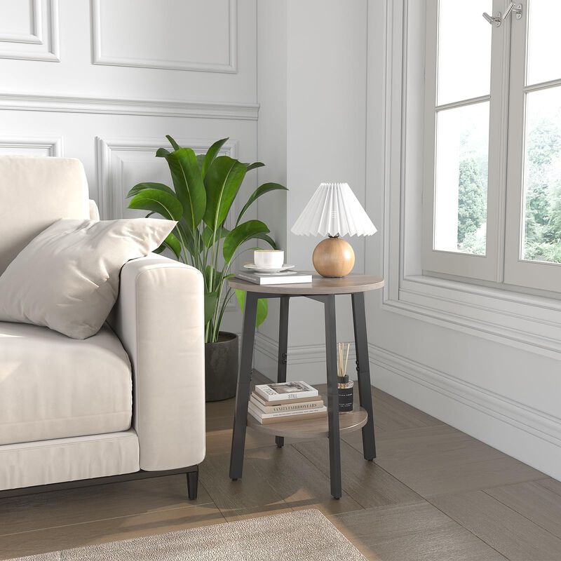 sthmec Side Table, Small Round End Table with Storage Shelf for Small Space, 2-Tier Small Bedside Table Sofa Couch Table, Round