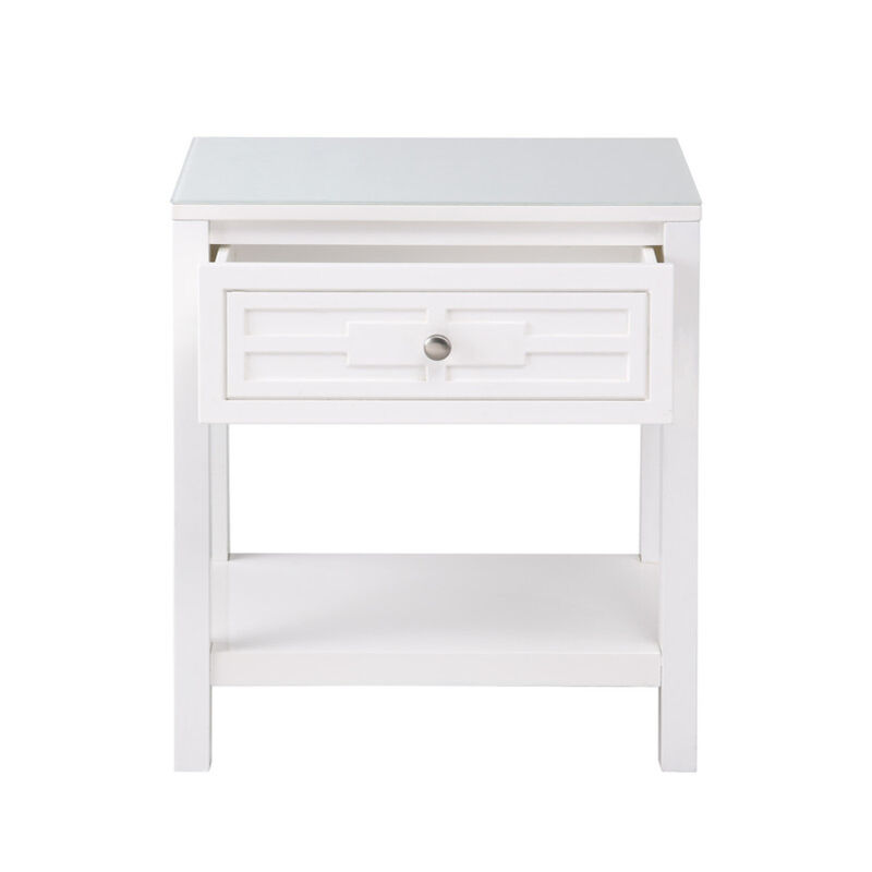 Dylan White Wooden End Side Table Nightstand with Glass Top and Drawer image number 1