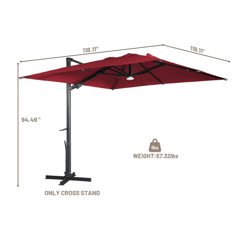 10x10 ft. 360°Rotation Square Cantilever Patio Umbrella with Bluetooth Speaker and LED Light in Red