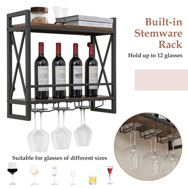 Hivvago Industrial Wall Mounted Wine Rack with 3 Stem Glass Holders