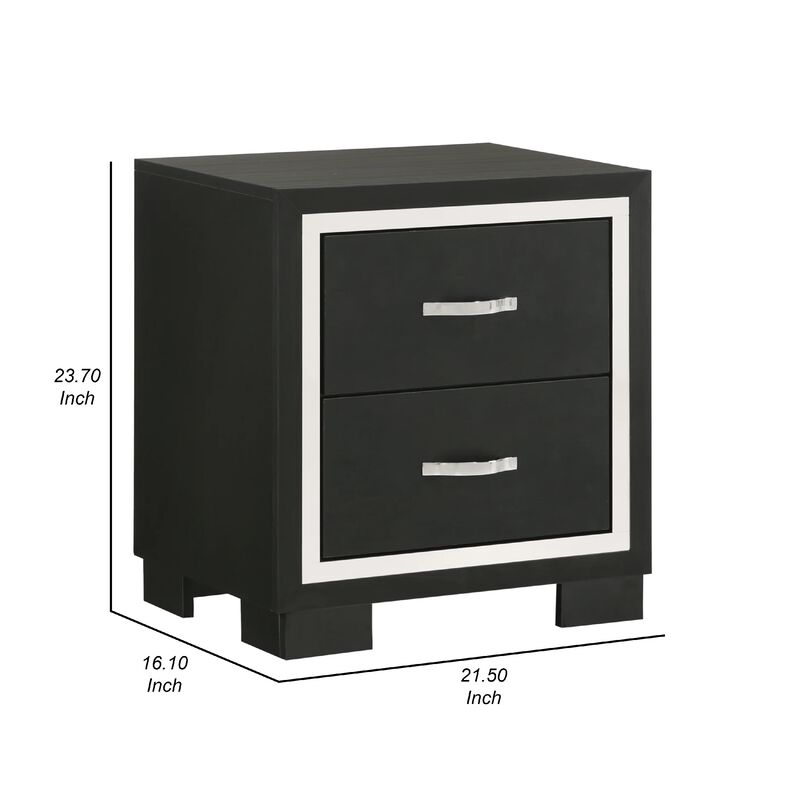Geny Nightstand, 2 Drawers, Silver Trim and Metal Handles, Black Wood image number 5