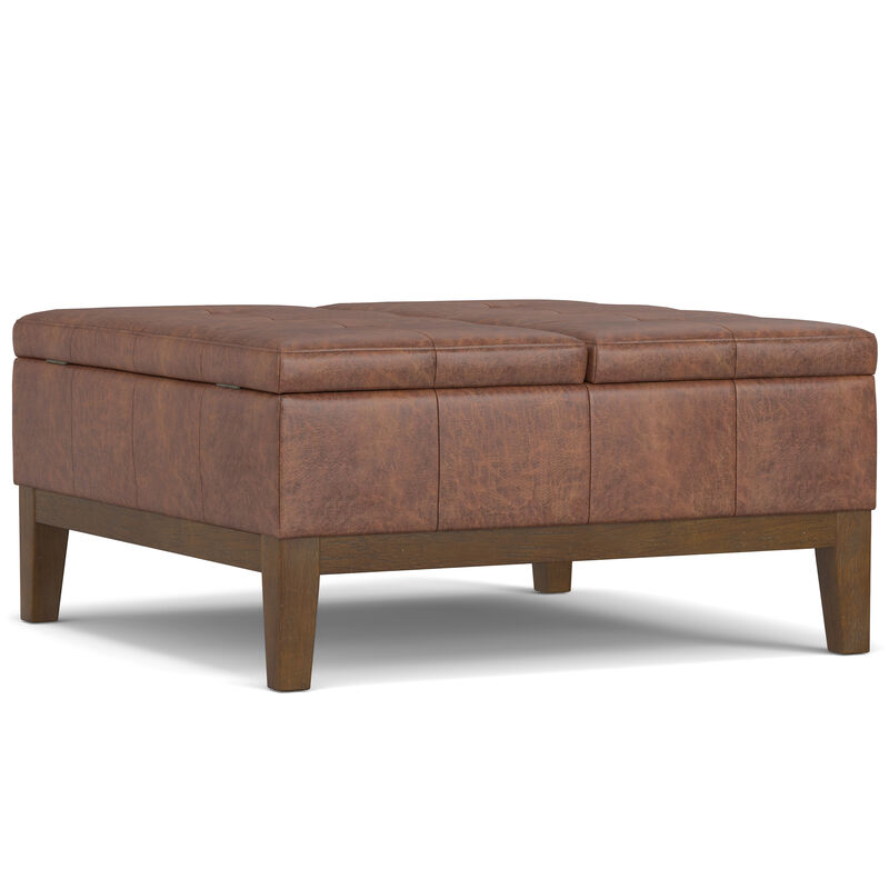 Dover 36 inch Wide Contemporary Square Lift Top Coffee Table Storage Ottoman in Distressed Saddle Brown  Vegan Faux Leather, Assembled