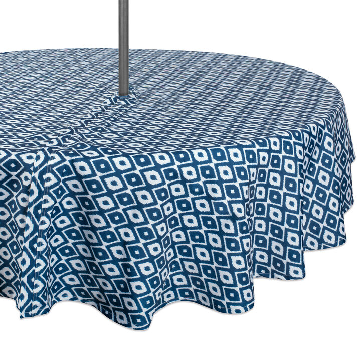 Blue and White Ikat Patterned Round Tablecloth with Zipper 60”