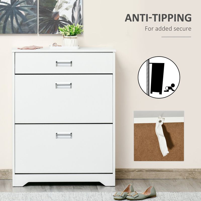 White Entryway Storage: 3-Drawer Shoe Cabinet with Flip Doors