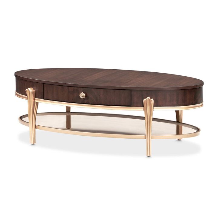 Michael Amini Camellia Field Oval Cocktail Table - Warm Pecan