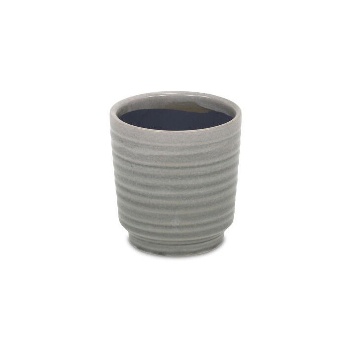 HomeRoots Blue Ceramic 22 Ounce Striped Round Distressed Pot Planter