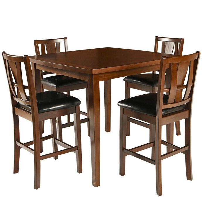 Wooden 5 Piece Counter Height Dining Set, Brown and Black-Benzara
