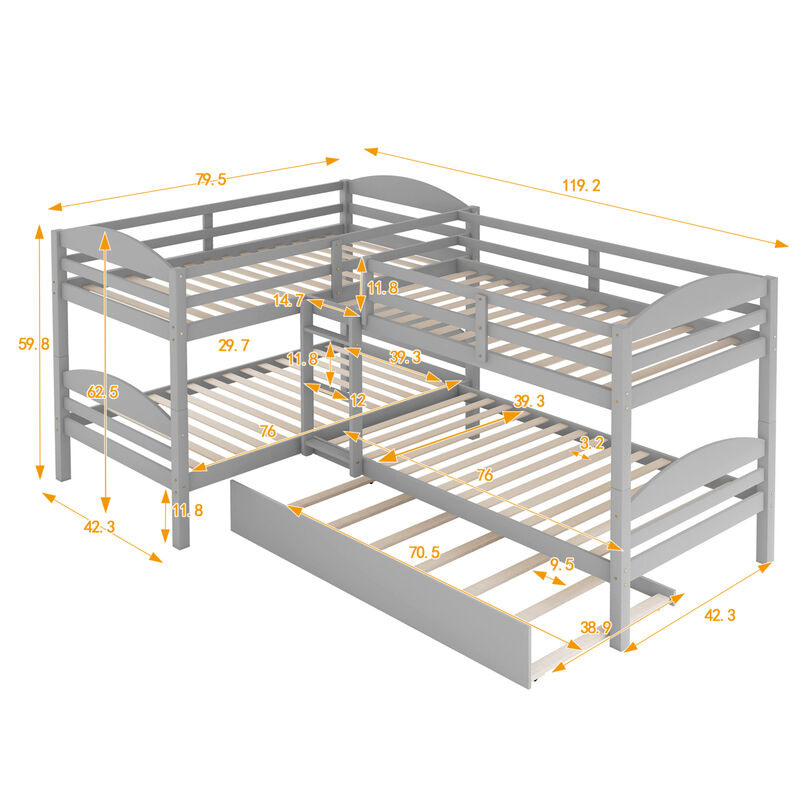 Twin L-Shaped Bunk Bed With Trundle