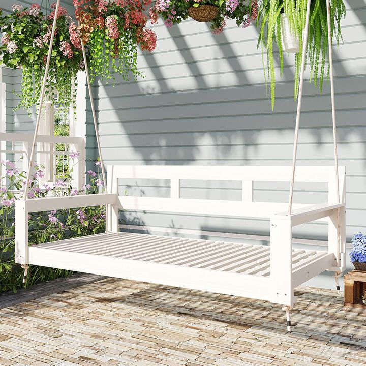Patio Wooden Twin Size Porch Swing Daybed Frame, Garden Swing Bench Chair with 4 Hanging Ropes for Backyard, Outdoor