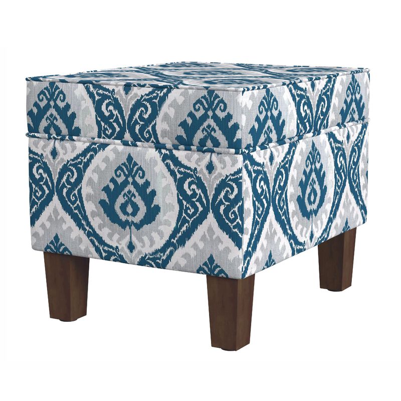 Ishi Accent Storage Ottoman, 22 Inch Blue White Ikat Paisley Pattern - Benzara