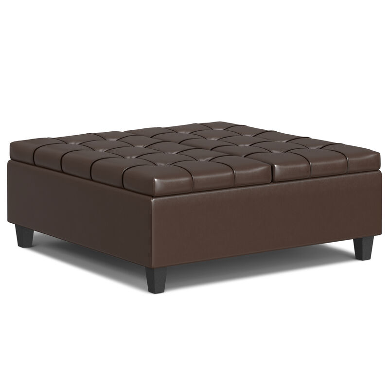 Harrison 40 inch Wide Transitional Square Large Coffee Table Storage Ottoman in Chocolate Brown Vegan Faux Leather, Assembled