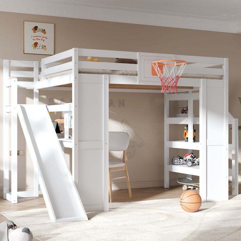 Merax Full Size White Wooden Loft Bed with Staircase Desk, Slide & Basketball image number 2