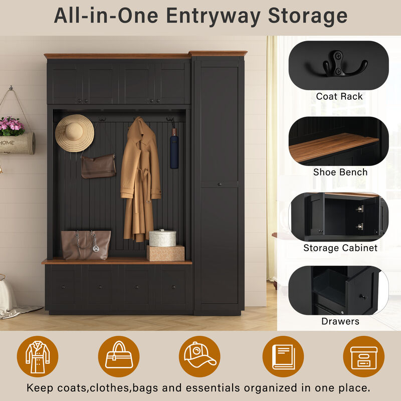 Merax Farmhouse Hall Tree with 2 Top Cabinets, 4 Drawers, Extra-Large Side Storage image number 7