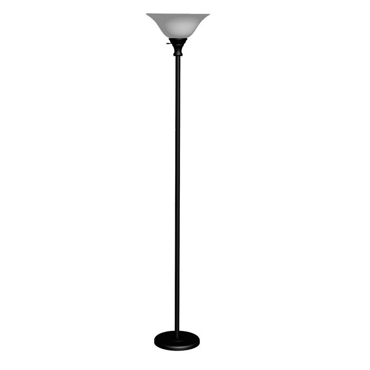70 Inch Metal 3 Way Torchiere Floor Lamp, Frosted Glass, Black and White- Benzara