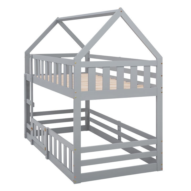 Whisen Wood Twin over Twin House-Shaped Bunk Bed with Fence with Door and Ladder - White