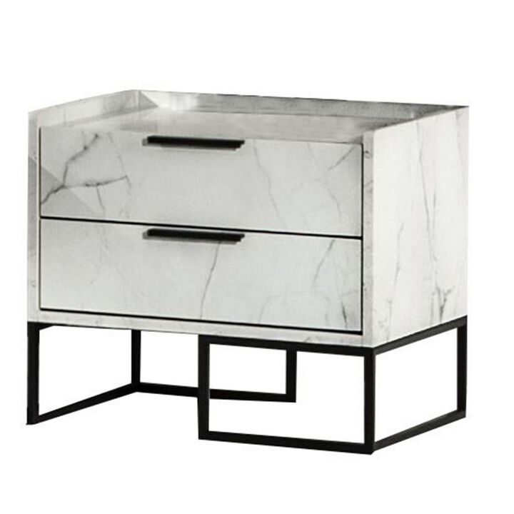 Noe Paul 24 Inch Wood Nightstand, 2 Drawers, Faux White Marble, Metal Legs - Benzara