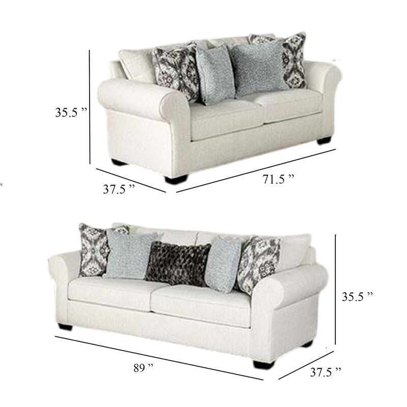 Berrie 2pc Sofa Loveseat Set, 9 Throw Pillows, Modern White Polyester - Benzara