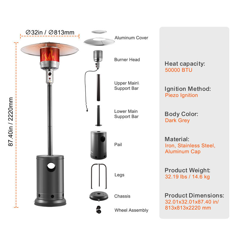 Hammered Propane Patio Heater &ndash; Tall Outdoor Gas Heater with Table for Patio, Porch, and Backyard Use