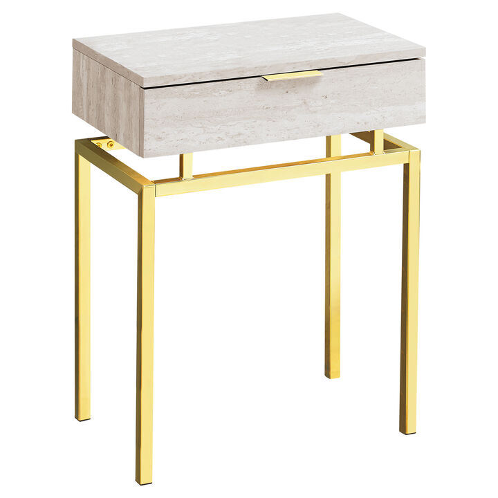 Monarch Specialties I 3463 Accent Table, Side, End, Nightstand, Lamp, Storage Drawer, Living Room, Bedroom, Metal, Laminate, Beige Marble Look, Gold, Contemporary, Modern