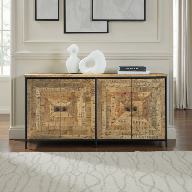 Sideboard Cabinet Console, Square Patterned Brown Mango Wood 63 Inch
